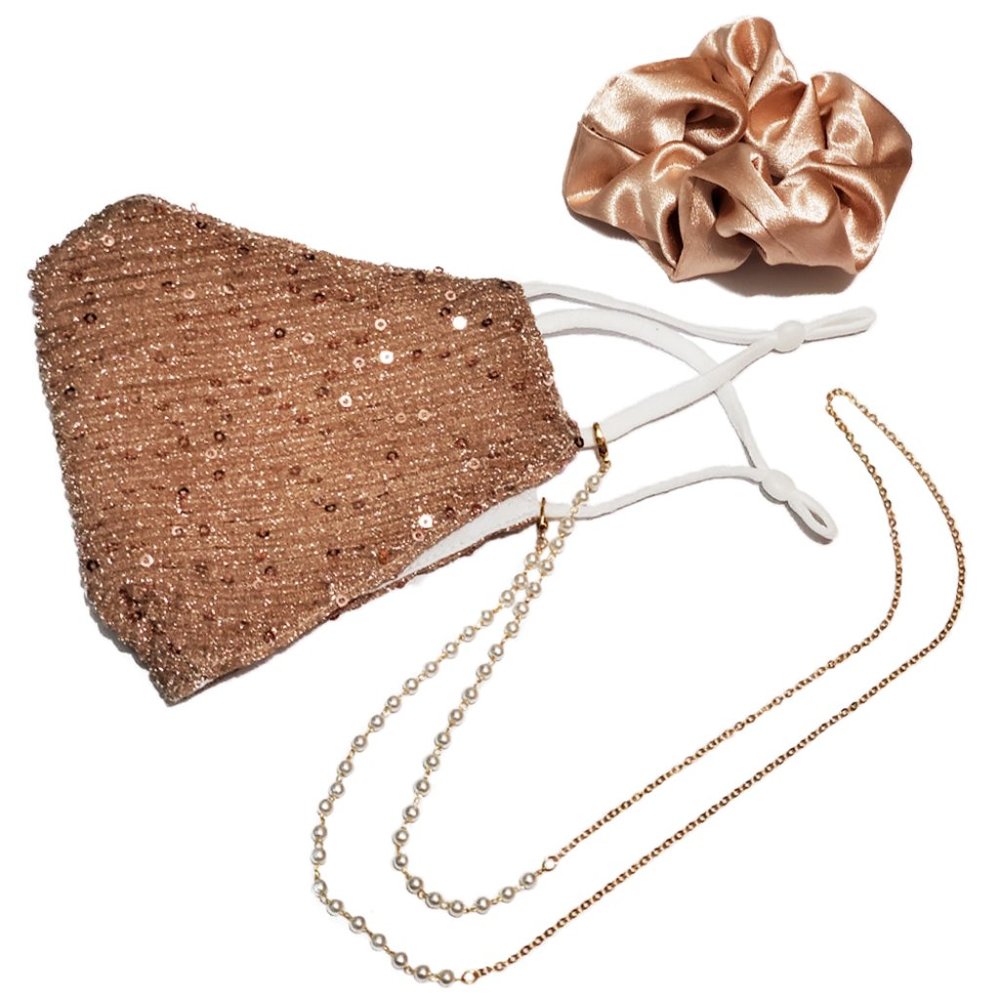 Rosegold glitter mask with pearl chain & scrunchie - Picture 5 of 5